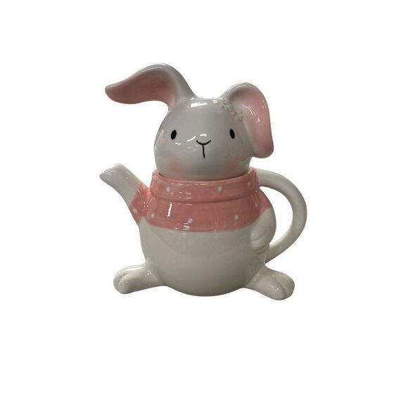 Ceramic Bunny Teapot With Pink Polka Dot Scarf - Picture 1 of 3